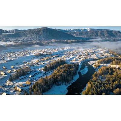 动态-郊外宁静村落航拍雪景